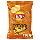 A 130g bag of Lays Mac & Cheese Crisps, a comfort snack in bright orange packaging with cheese and pasta graphics.